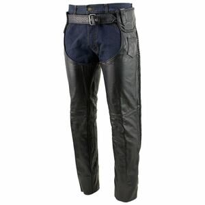 NEW Bonus Genuine 100% Leather Biker Chaps Black Zippers Snaps Braiding SZ M
